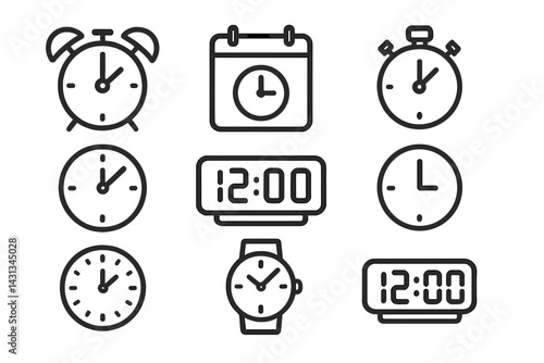 Collection of various clock icons featuring different designs and styles for timekeeping and scheduling purposes