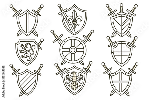 Icon set featuring various shield designs with swords, suitable for fantasy and medieval themes