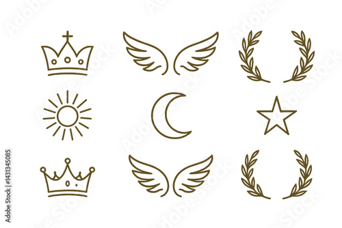 Icon set featuring crowns, wings, sun, moon, star, and laurel designs for various creative projects