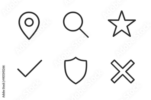 Icon set featuring location marker, magnifying glass, star, check mark, shield, and cross for digital interface design