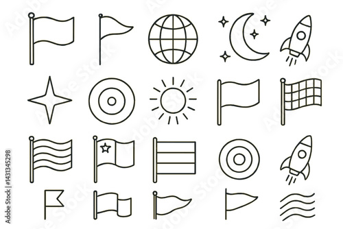 Icon set featuring various flags, celestial objects, and symbols representing exploration and navigation
