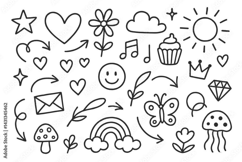 Doodle icon set featuring various playful designs including hearts, flowers, and whimsical elements in black and white Doodle icon set featuring various playful designs including hearts, flowers, and whimsical elements in black and white
