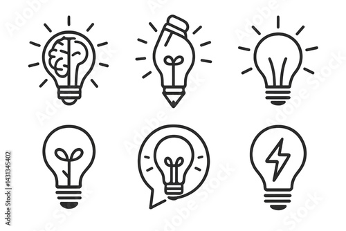Creative icon set featuring light bulbs with distinct designs representing ideas and inspiration