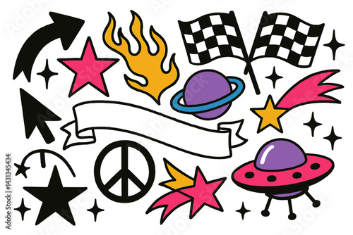 Vibrant icon set featuring cosmic elements, racing motifs, and symbols of peace in a playful design