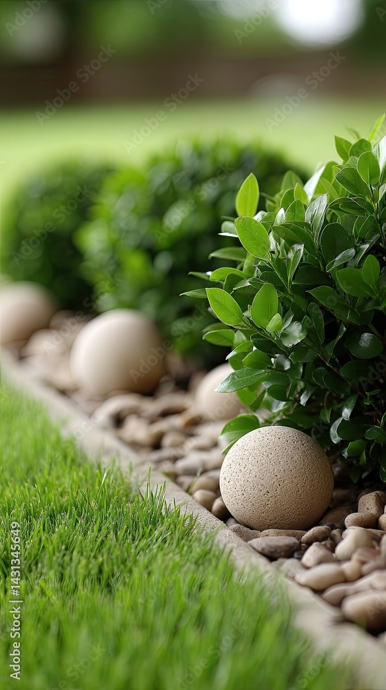 Beautiful garden with lush grass, carefully arranged topiary bushes, and decorative pebbles enhances outdoor living space