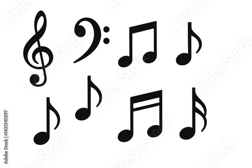 Icon set featuring various musical notations in bold black graphics for artistic and educational use