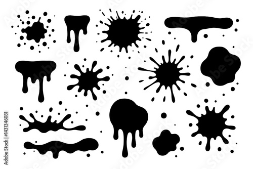 Unique black icon set featuring various splash designs and paint drops suitable for creative projects