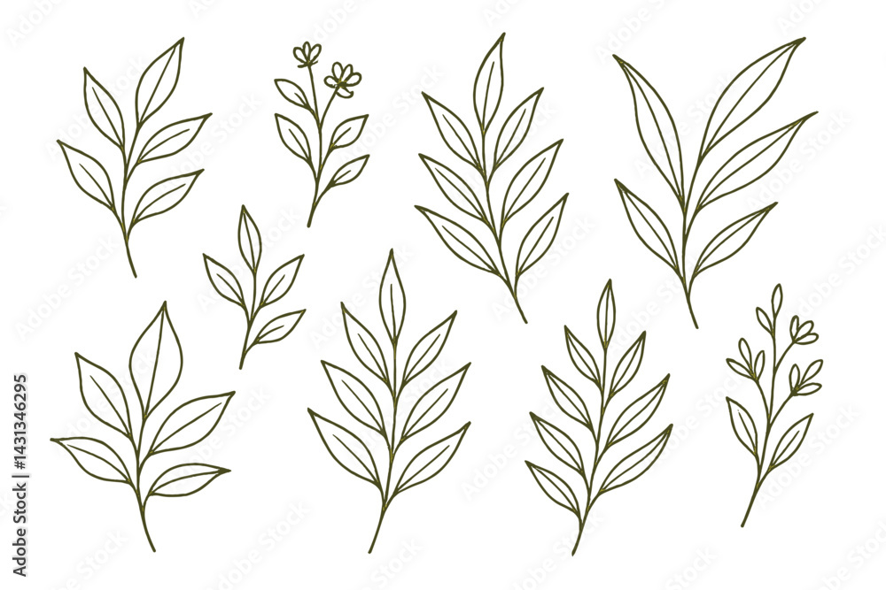 Naklejka premium Collection of hand-drawn leaf and flower icons suitable for various design projects and crafting purposes