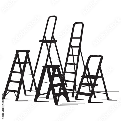 Collection of metal ladders. Different types of stepladders. Flat Vector Black silhouettes. with white background