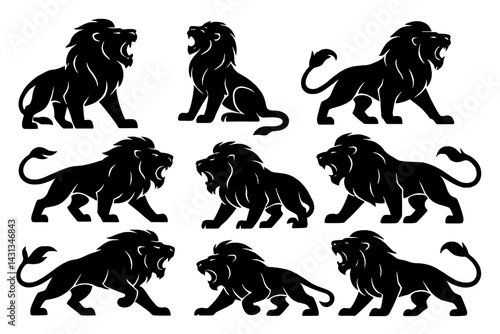 Icon set showcasing various lion silhouettes in dynamic poses emphasizing strength and majesty