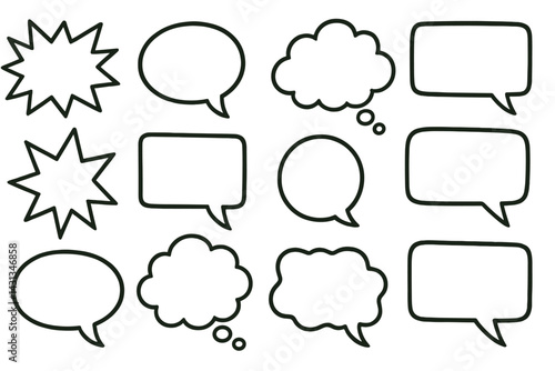 Icon set featuring speech and thought bubbles along with explosive designs for communication graphics