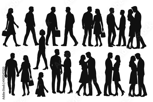 Icon set depicting various silhouettes of couples and individuals engaging in different activities and interactions in an urban environment