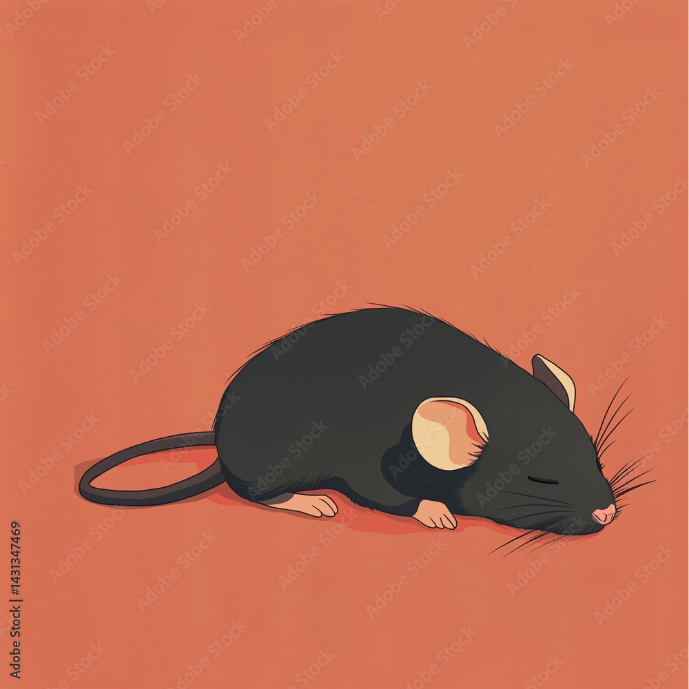 Imagem de um rato escuro dormindo serenamente sobre um fundo neutro. O foco está na postura relaxada e na coloração do animal, transmitindo uma sensação de tranquilidade e descanso