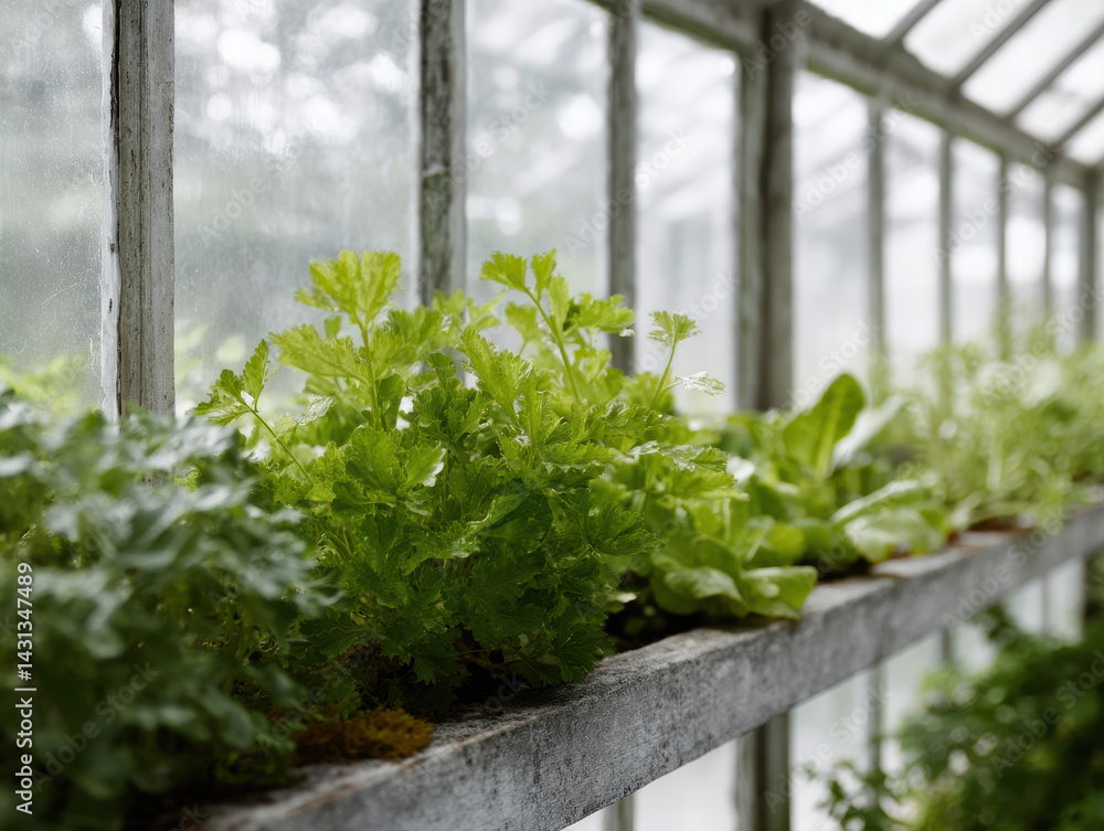 Greenhouse with recycled windows filled with lush green plants Greenhouse with recycled windows filled with lush green plants