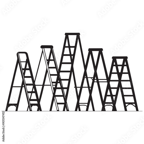 Collection of metal ladders. Different types of stepladders. Flat Vector Black silhouettes. with white background