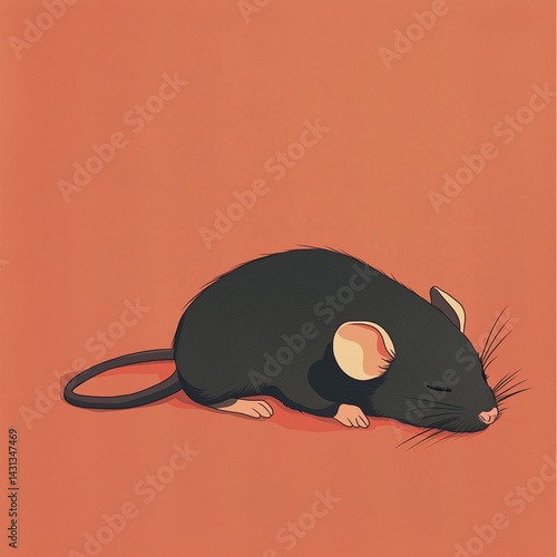 Obraz na płótnie Imagem de um rato escuro dormindo serenamente sobre um fundo neutro. O foco está na postura relaxada e na coloração do animal, transmitindo uma sensação de tranquilidade e descanso w salonie