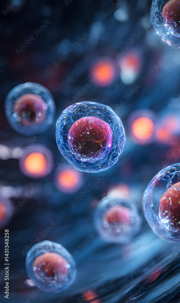 Naklejka premium Floating transparent plasma cells reveal intricate details within a stylized biological environment