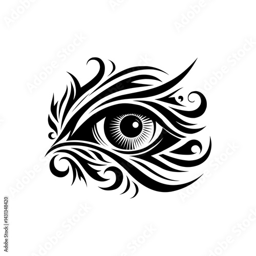 The eye in this vector illustration appears to be glowing, surrounded by tribal ornaments and symmetrical lines, perfect as a tattoo symbolizing protection and intuition.