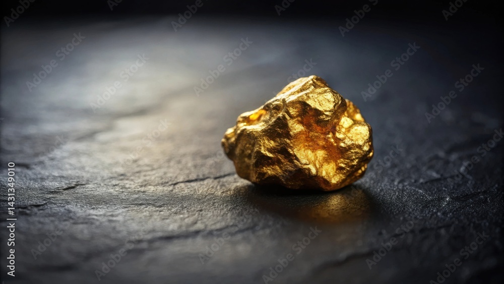 Luminous Gold Nugget on Dark Stone Surface A Close-Up View of Raw, Unrefined Precious Metal Luminous Gold Nugget on Dark Stone Surface A Close-Up View of Raw, Unrefined Precious Metal