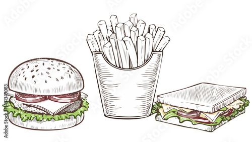 Fast food vector icons (burger, fries) sketch isolated on white background