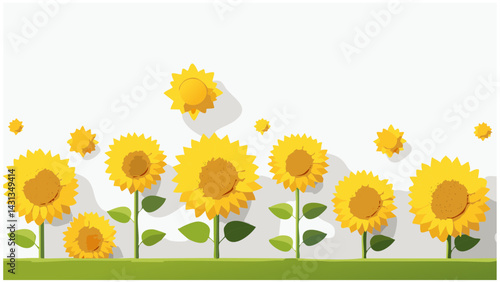 A field of sunflowers vector simple 3d smooth cut isolated illustration