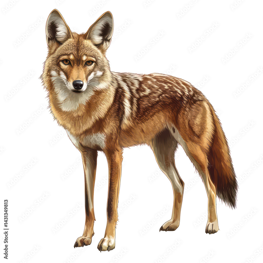 Obraz premium Coyote Stance: A photorealistic illustration of a coyote stands poised, its sharp gaze fixed forward. The coyote's distinctive fur and body details are highlighted, evoking the wildness of nature.