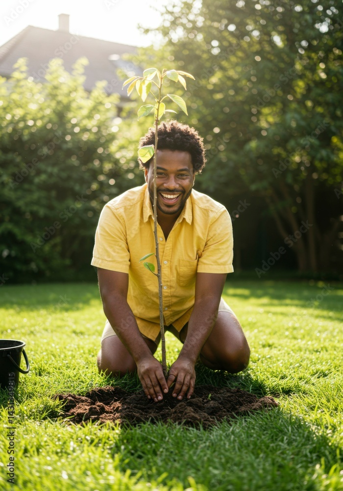 Man planting a tree in a garden. Smiling and happy