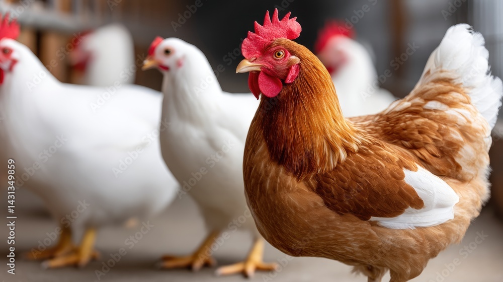 Brown hen rests on red accessories while white chickens roam freely in a well-lit chicken farm setting with a blurred background