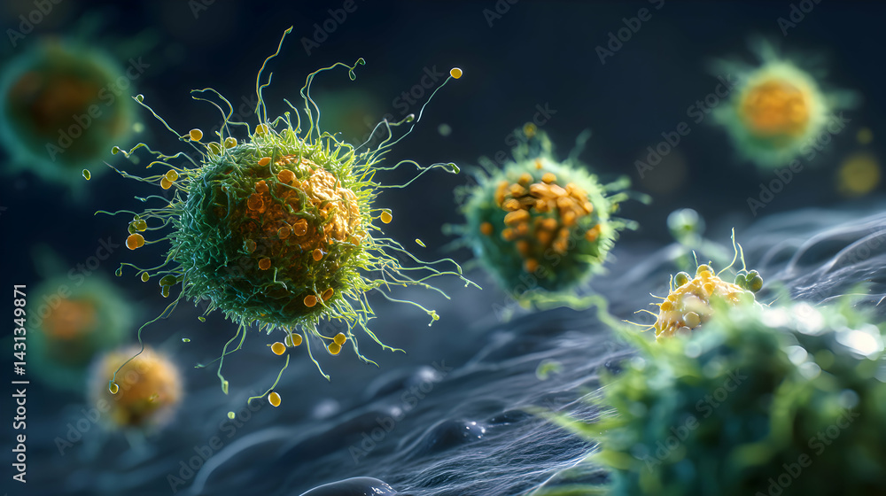 A vivid depiction of immune cells attacking pathogens showing cellular activity at a microscopic level A vivid depiction of immune cells attacking pathogens showing cellular activity at a microscopic level