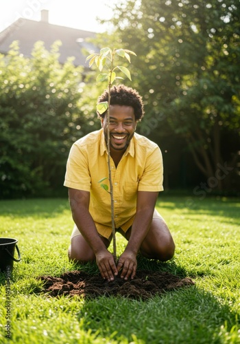 Obraz na płótnie Man planting a tree in a garden. Smiling and happy w salonie