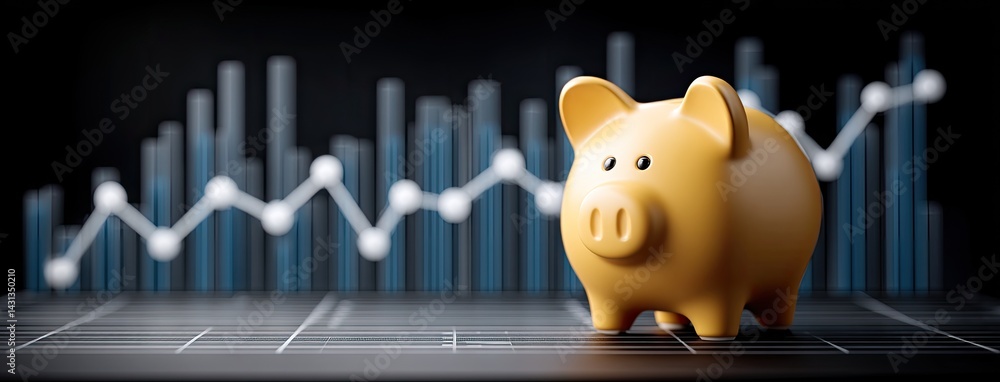 A bright yellow piggy bank sits next to stacks of coins with a glowing blue graph showing financial growth against a black backdrop