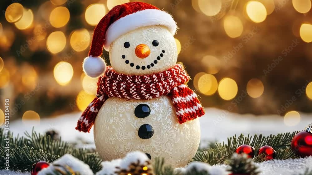 A festive snowman wearing a Santa hat stands against a golden bokeh background, creating a magical winter fairy tale scene. A festive snowman wearing a Santa hat stands against a golden bokeh background, creating a magical winter fairy tale scene.