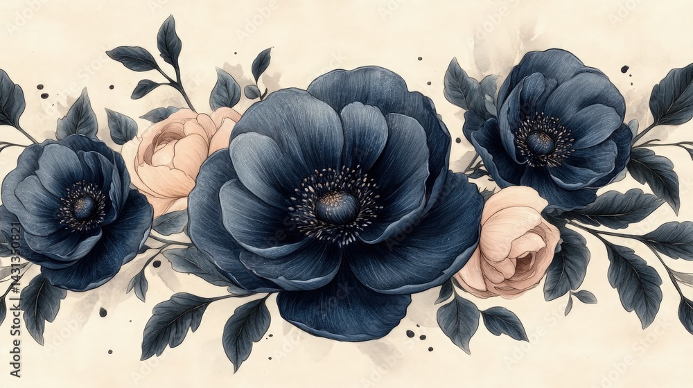 custom made wallpaper toronto digitalFloral arrangement with dark blue and peach flowers with dark leaves on beige.