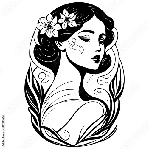 Elegant monochrome portrait of a woman adorned with floral and foliate embellishments