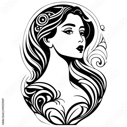 Elegant portrait illustration showcasing a woman with flowing hair and intricate patterns