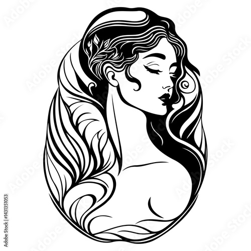 Elegant woman's visage framed by stylized flowing hair and botanical motif artwork