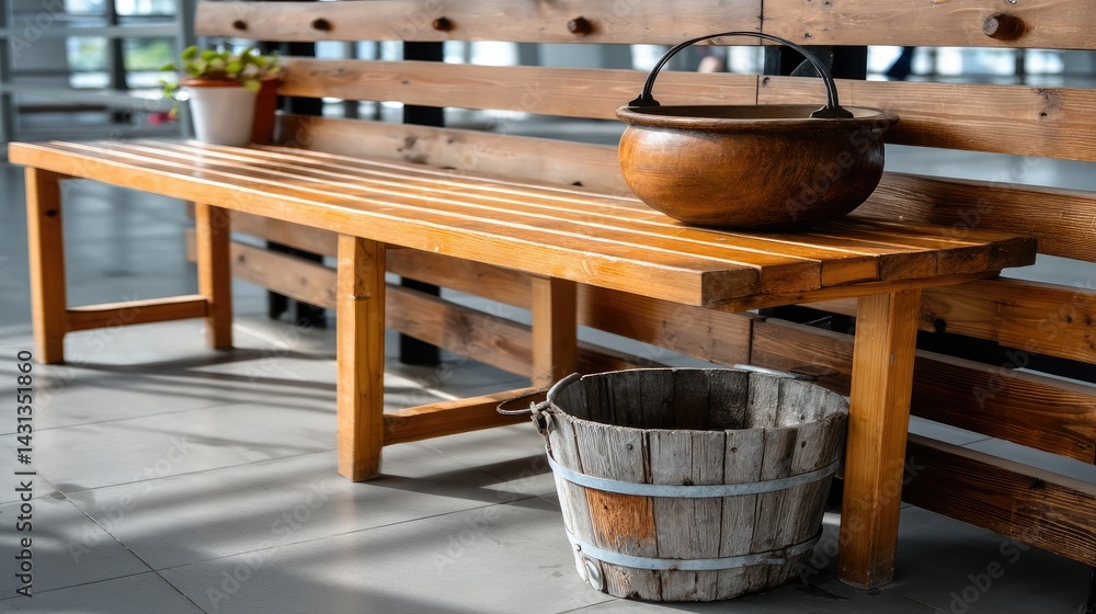Warm wooden textures and soft lighting create a tranquil atmosphere for relaxation in a wellness center with a steam room