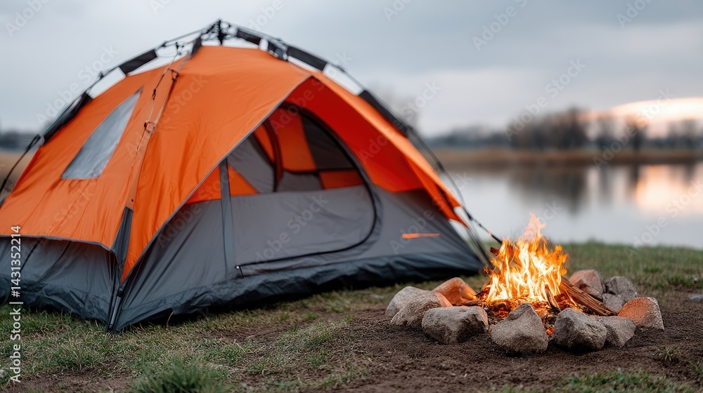 Enjoy a tranquil evening by the lake with a camping tent and a warm bonfire as the sun sets over the horizon