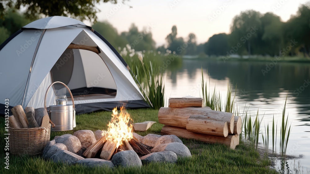 Enjoy a tranquil setting with a camping tent and a bonfire near a calm lake at sunset, perfect for summer adventures