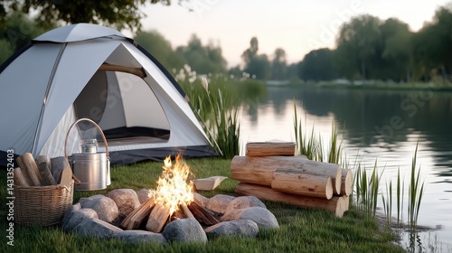 Obraz na płótnie Enjoy a tranquil setting with a camping tent and a bonfire near a calm lake at sunset, perfect for summer adventures w salonie