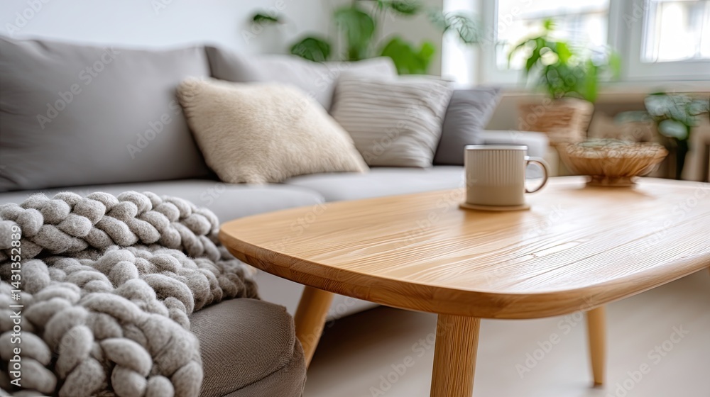 Comfortable living room features a grey sofa and wooden coffee table, adorned with knitted pillows against a serene white wall background