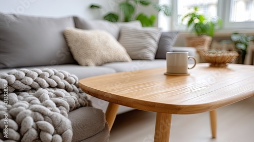 Obraz na płótnie Comfortable living room features a grey sofa and wooden coffee table, adorned with knitted pillows against a serene white wall background w salonie