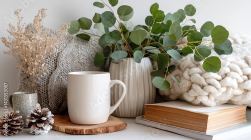 Cozy living room features a grey sofa, a wooden coffee table, and decorative elements in a warm Scandinavian aesthetic