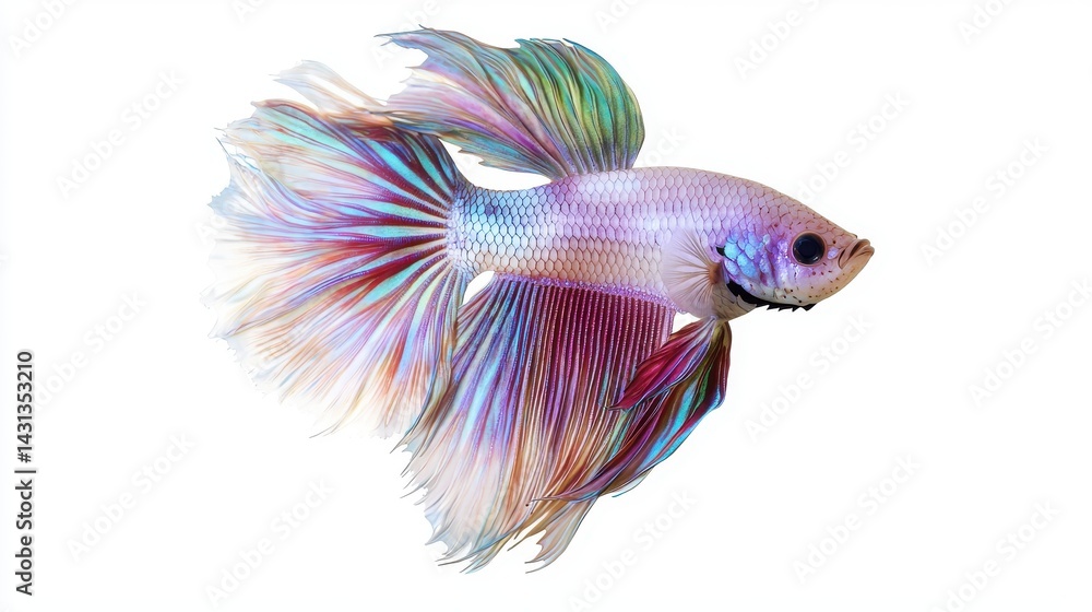 A vibrant iridescent betta fish with flowing fins displays a stunning array of pastel pink purple and teal colors against a clean white background perfect for aquarium or pet A vibrant iridescent betta fish with flowing fins displays a stunning array of pastel pink purple and teal colors against a clean white background perfect for aquarium or pet