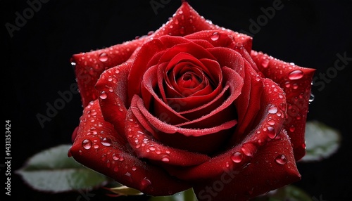 close up of a vibrant red rose covered in dew droplets against a black background