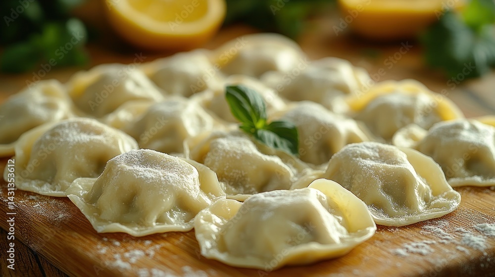 Fresh, uncooked dumplings on a wooden board Fresh, uncooked dumplings on a wooden board