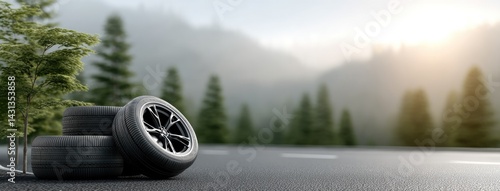 Obraz na płótnie Vintage car tires on an asphalt road with a blurred forest and sky backdrop create a perfect setting for summer advertising w salonie
