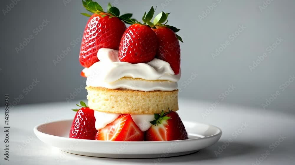 stack of gourmet strawberry and cream desserts on white plate, arranged on minimalist white background, elegant delicious food photography stack of gourmet strawberry and cream desserts on white plate, arranged on minimalist white background, elegant delicious food photography