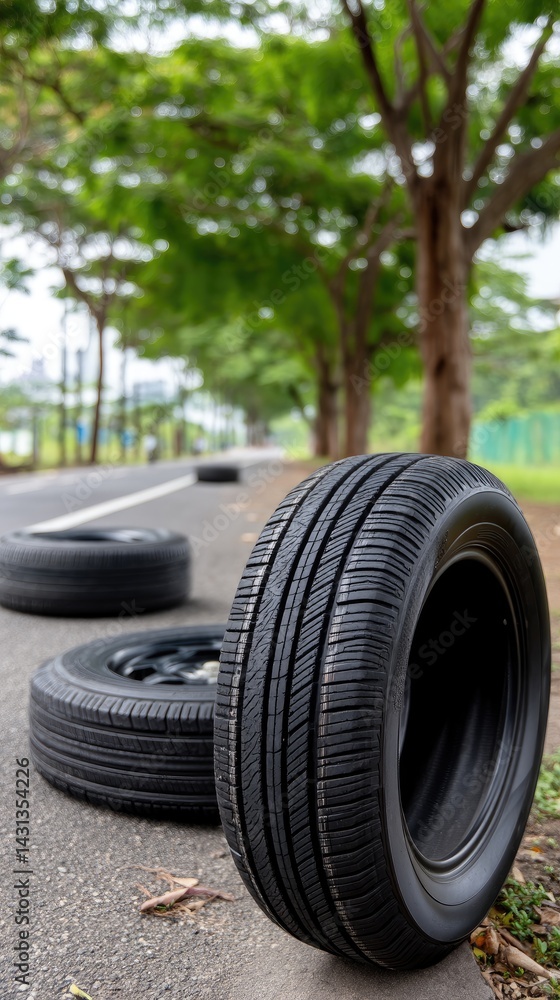Black tires are stacked on the side of an asphalt road, with trees and blurred grass creating a vibrant daytime backdrop