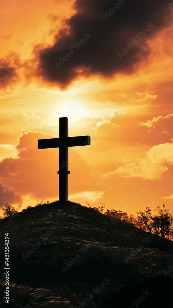 dramatic scene of a cross on a hill during a golden sunset, focus on spirituality and serenity, with glowing rays in the background dramatic scene of a cross on a hill during a golden sunset, focus on spirituality and serenity, with glowing rays in the background